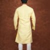 Men wearing pastel heritage jacquard kurta in vibrant yellow with embroidered neckline for wedding and festive wear