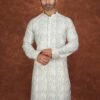 Men wearing vrindavan jacquard kurta in soft green with mandarin collar for wedding and festive wear