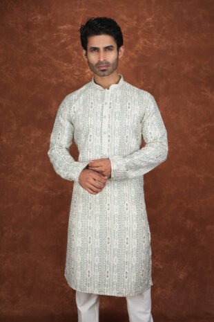 Men wearing vrindavan jacquard kurta in soft green with mandarin collar for wedding and festive wear