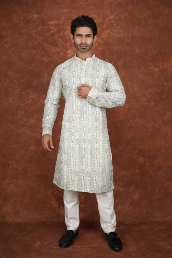 Men wearing vrindavan jacquard kurta in soft green with mandarin collar for wedding and festive wear