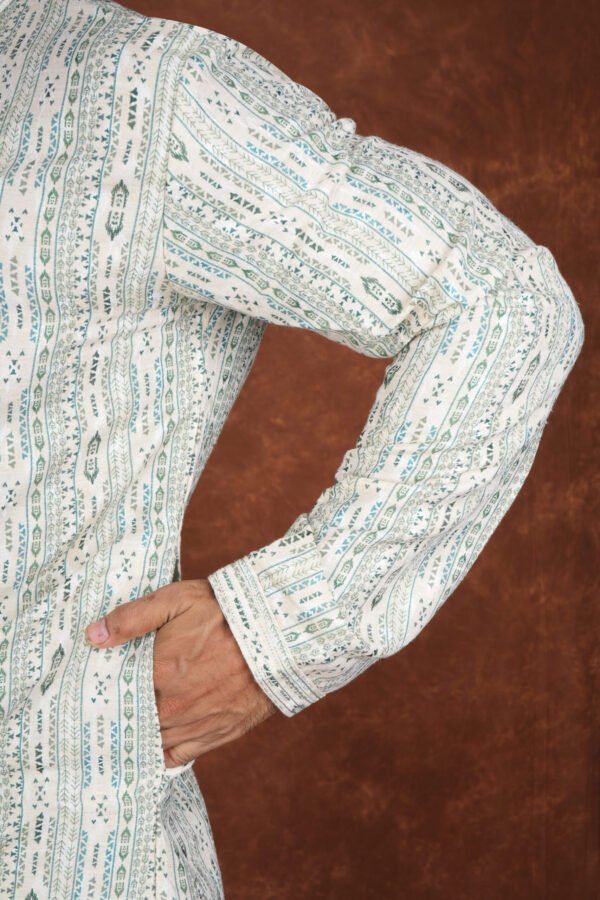 Men wearing vrindavan jacquard kurta in soft green with mandarin collar for wedding and festive wear