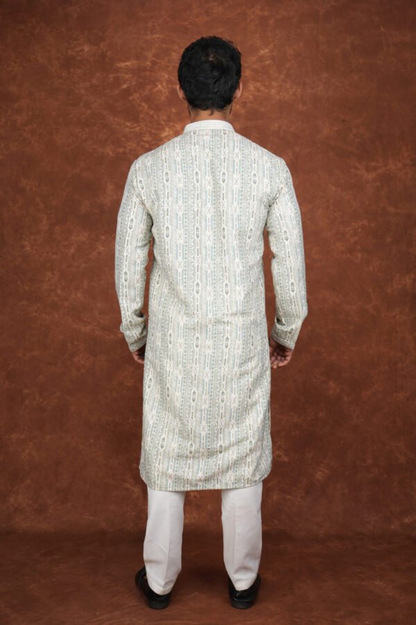Men wearing vrindavan jacquard kurta in soft green with mandarin collar for wedding and festive wear