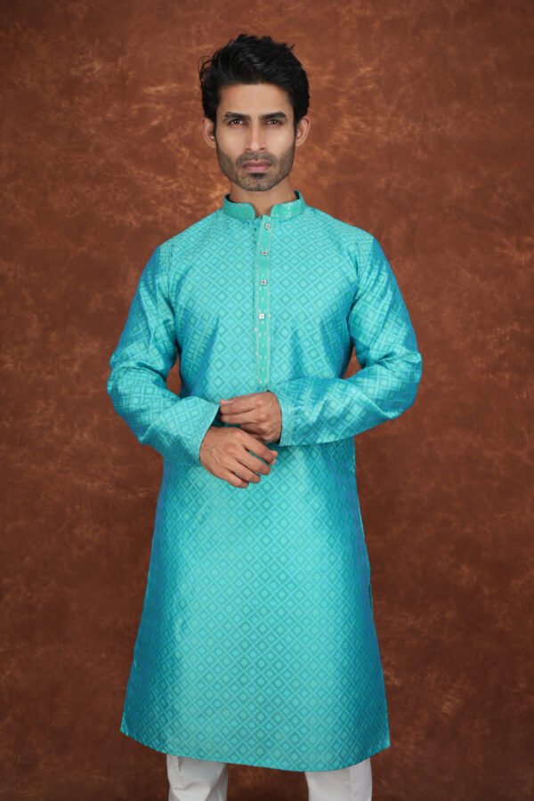 Men wearing zafar diamond jacquard kurta in rich green with mandarin collar for wedding and festive wear