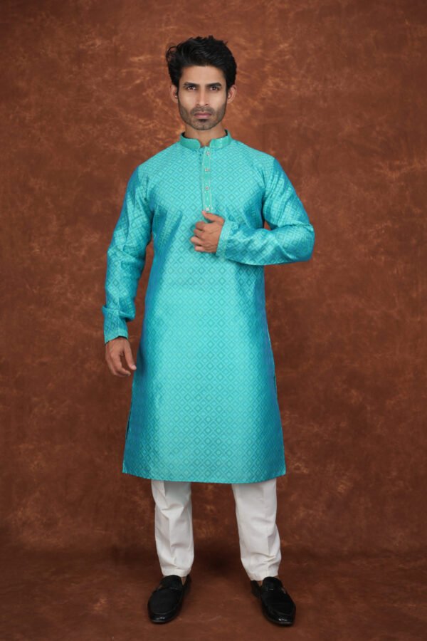 Men wearing zafar diamond jacquard kurta in rich green with mandarin collar for wedding and festive wear