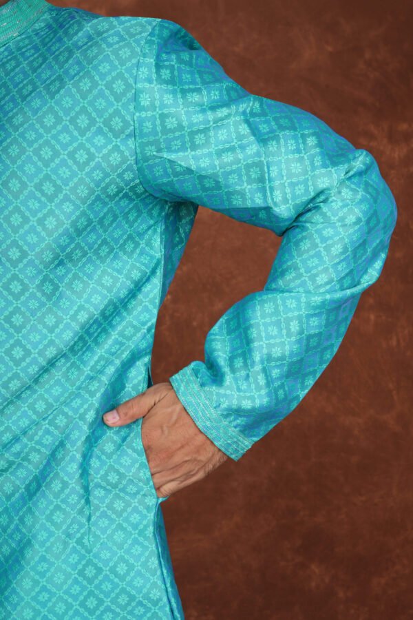 Men wearing zafar diamond jacquard kurta in rich green with mandarin collar for wedding and festive wear