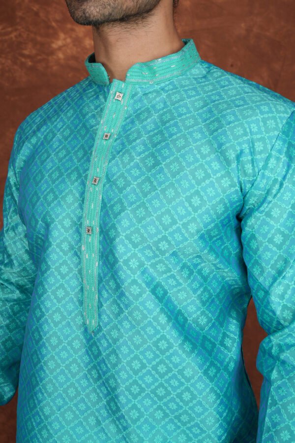 Men wearing zafar diamond jacquard kurta in rich green with mandarin collar for wedding and festive wear