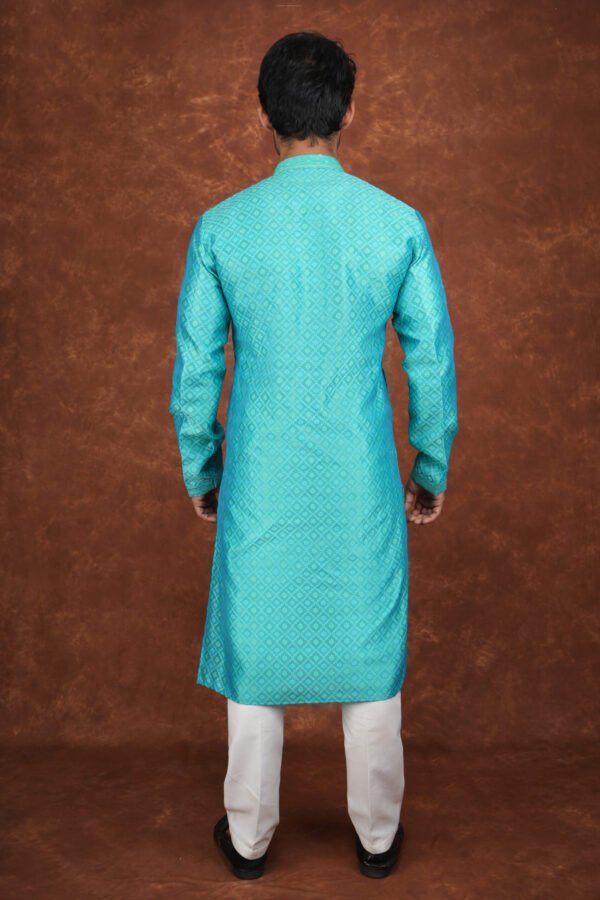 Men wearing zafar diamond jacquard kurta in rich green with mandarin collar for wedding and festive wear