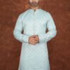 Men wearing ayaan geometric jacquard kurta in mint green with mandarin collar for wedding and festive wear