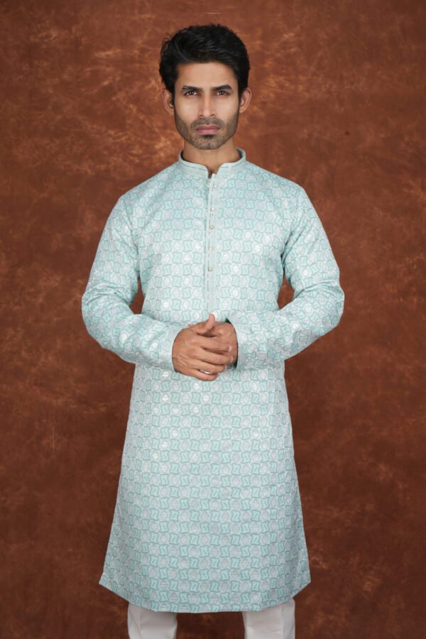 Men wearing ayaan geometric jacquard kurta in mint green with mandarin collar for wedding and festive wear