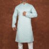 Men wearing ayaan geometric jacquard kurta in mint green with mandarin collar for wedding and festive wear