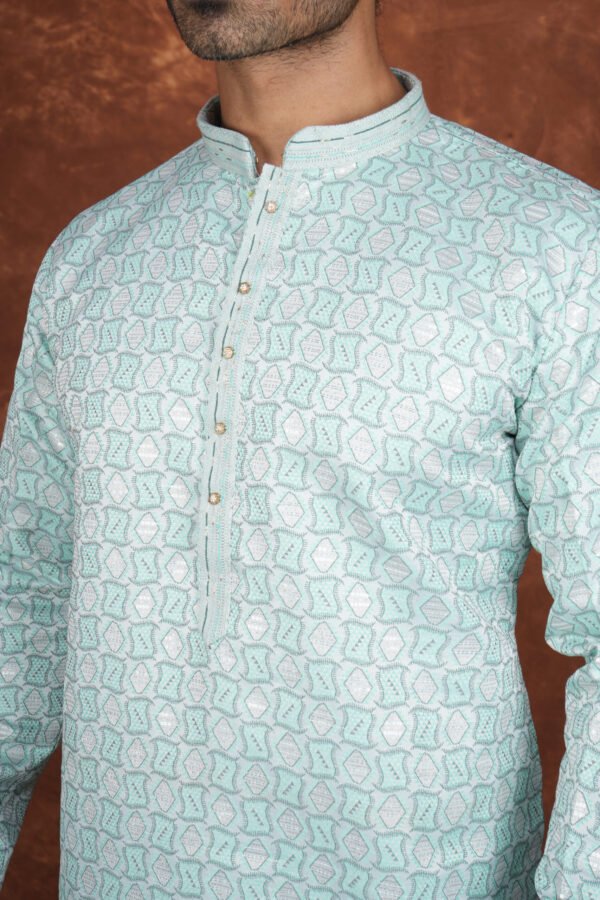 Men wearing ayaan geometric jacquard kurta in mint green with mandarin collar for wedding and festive wear