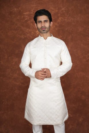 Men wearing ivory white heritage jacquard kurta with mandarin collar for wedding and festive wear