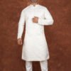 Men wearing ivory white heritage jacquard kurta with mandarin collar for wedding and festive wear