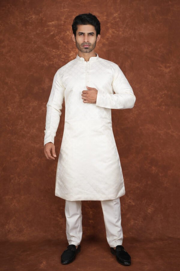 Men wearing ivory white heritage jacquard kurta with mandarin collar for wedding and festive wear
