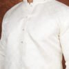 Men wearing ivory white heritage jacquard kurta with mandarin collar for wedding and festive wear