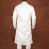 Men wearing ivory white heritage jacquard kurta with mandarin collar for wedding and festive wear