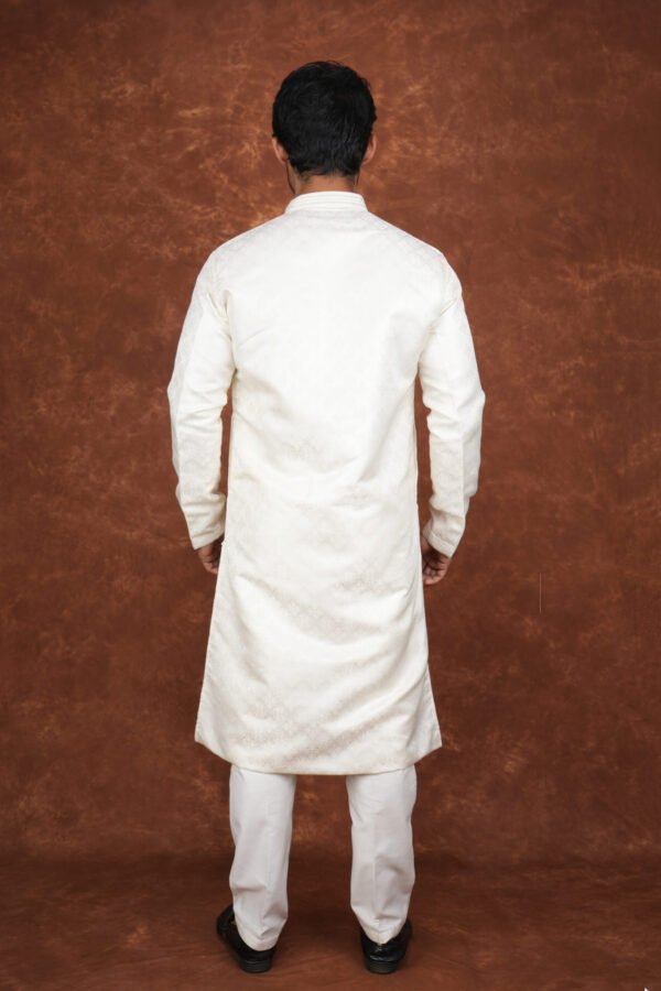 Men wearing ivory white heritage jacquard kurta with mandarin collar for wedding and festive wear