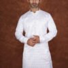 Men wearing white weave jacquard kurta with mandarin collar for wedding and festive wear