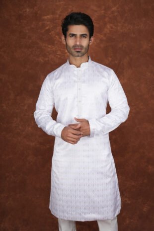 Men wearing white weave jacquard kurta with mandarin collar for wedding and festive wear