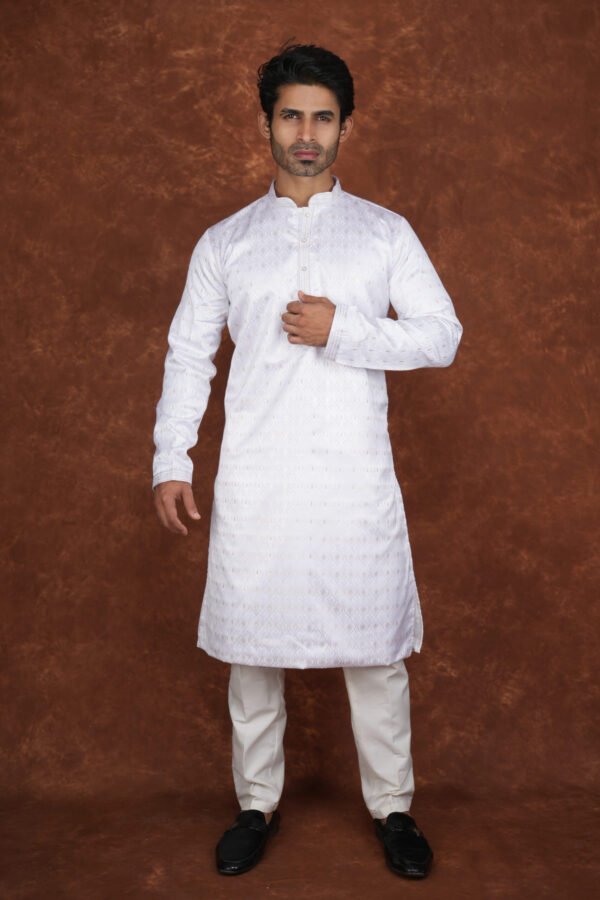 Men wearing white weave jacquard kurta with mandarin collar for wedding and festive wear