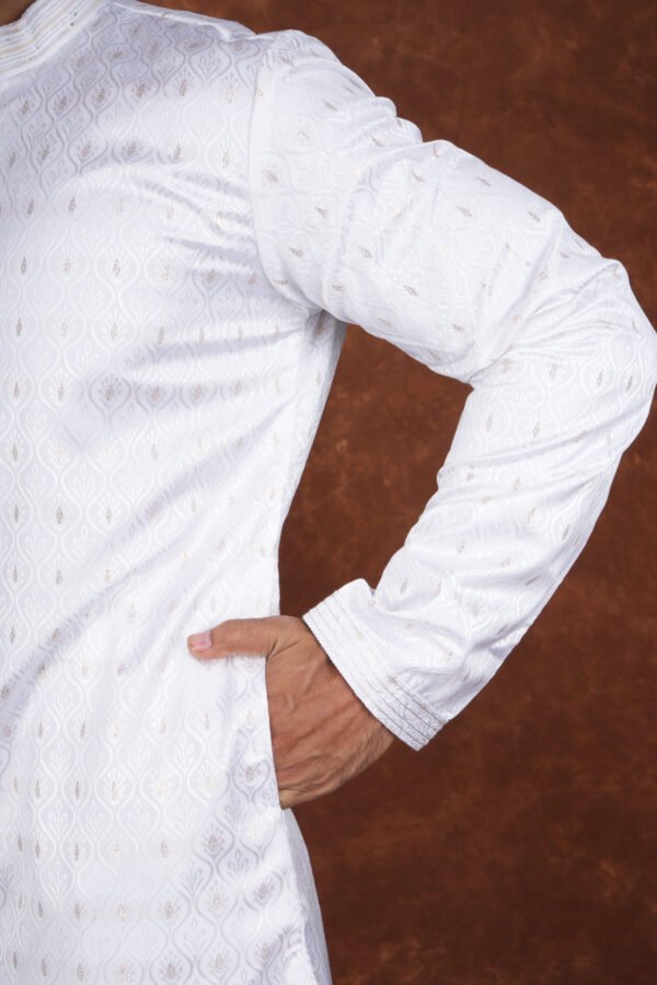Men wearing white weave jacquard kurta with mandarin collar for wedding and festive wear