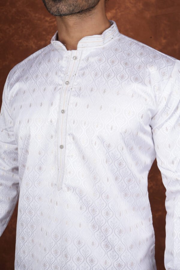 Men wearing white weave jacquard kurta with mandarin collar for wedding and festive wear