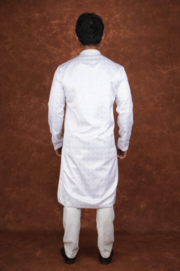 Men wearing white weave jacquard kurta with mandarin collar for wedding and festive wear
