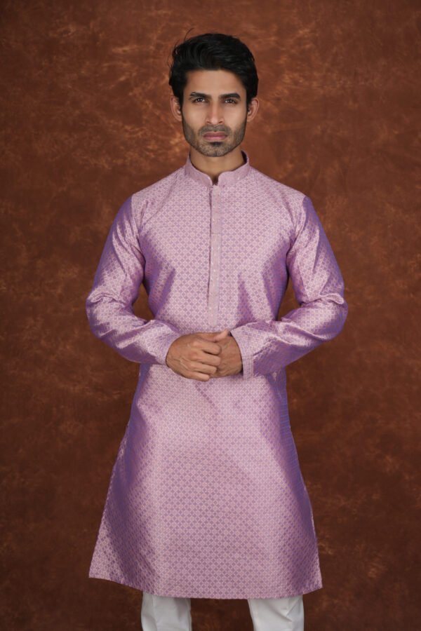 Men wearing royal weave jacquard kurta in mauve with mandarin collar for wedding and festive wear