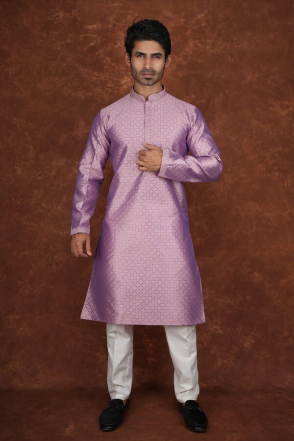 Men wearing royal weave jacquard kurta in mauve with mandarin collar for wedding and festive wear