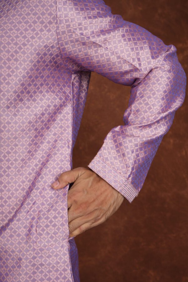 Men wearing royal weave jacquard kurta in mauve with mandarin collar for wedding and festive wear