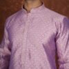 Men wearing royal weave jacquard kurta in mauve with mandarin collar for wedding and festive wear