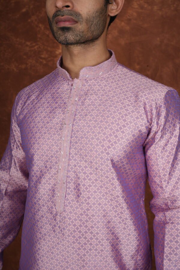Men wearing royal weave jacquard kurta in mauve with mandarin collar for wedding and festive wear