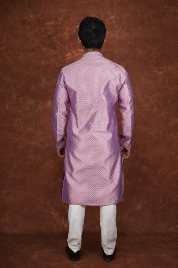 Men wearing royal weave jacquard kurta in mauve with mandarin collar for wedding and festive wear