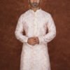 Men wearing pastel yellow mosaic jacquard kurta with mandarin collar for wedding and festive wear