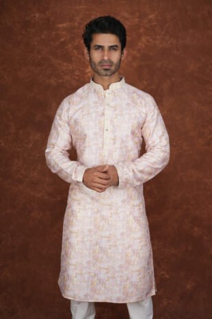 Men wearing pastel yellow mosaic jacquard kurta with mandarin collar for wedding and festive wear