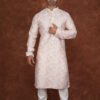 Men wearing pastel yellow mosaic jacquard kurta with mandarin collar for wedding and festive wear