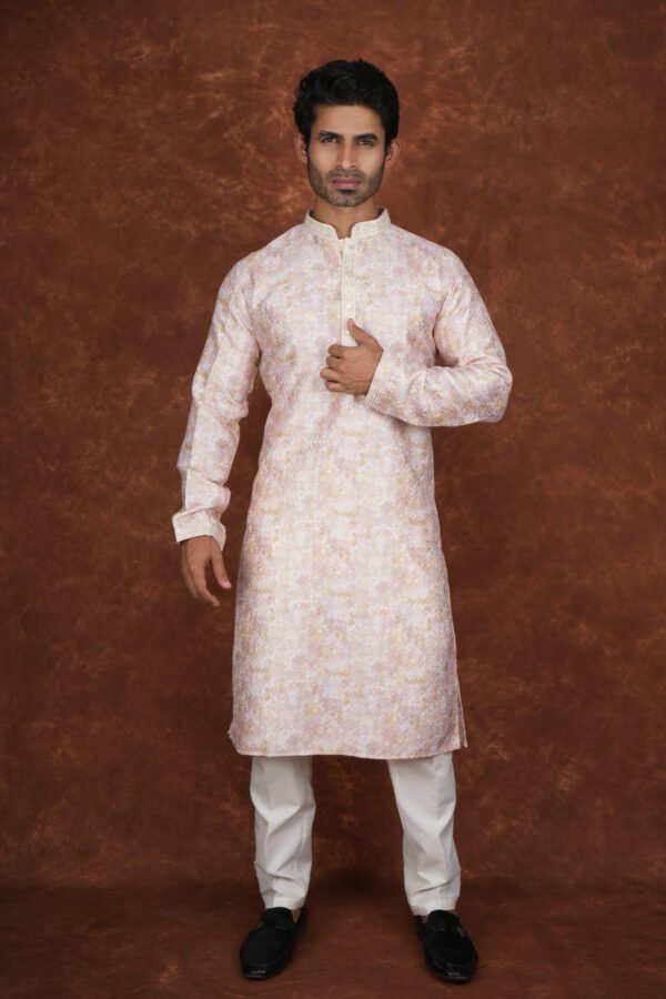 Men wearing pastel yellow mosaic jacquard kurta with mandarin collar for wedding and festive wear