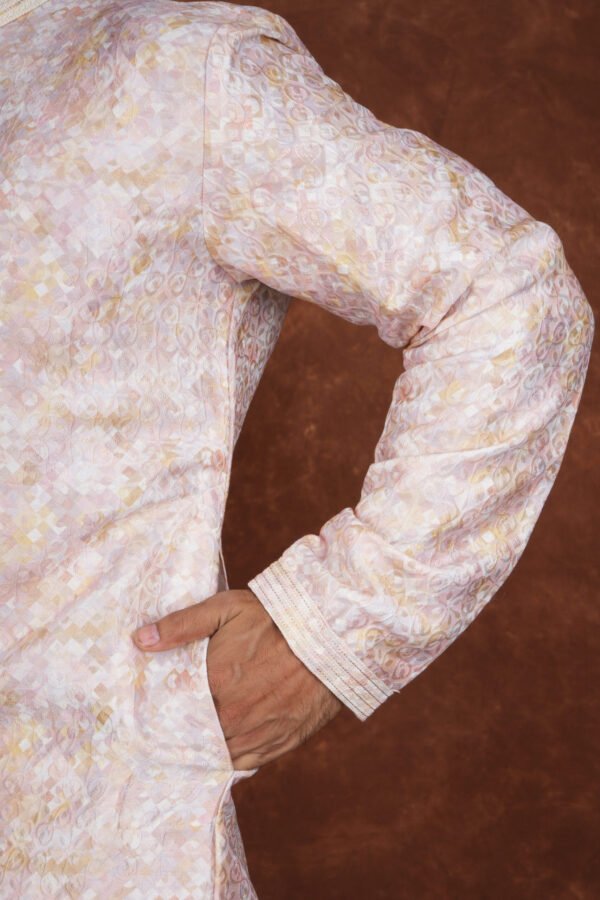 Men wearing pastel yellow mosaic jacquard kurta with mandarin collar for wedding and festive wear