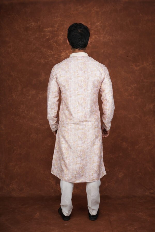Men wearing pastel yellow mosaic jacquard kurta with mandarin collar for wedding and festive wear