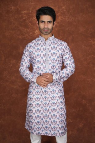 Men wearing gulbahar floral jacquard kurta with yellow and purple floral motifs for wedding and festive wear