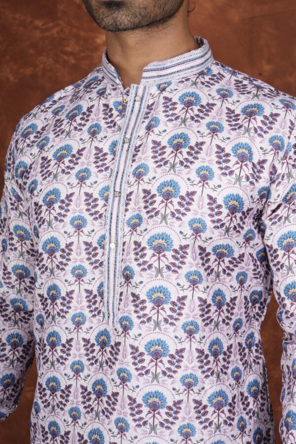 Men wearing gulbahar floral jacquard kurta with yellow and purple floral motifs for wedding and festive wear
