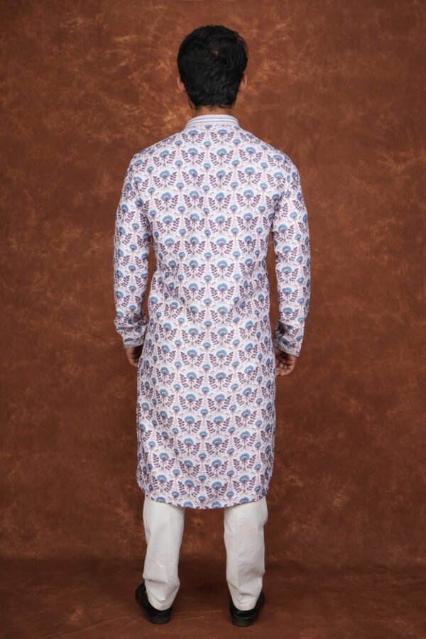 Men wearing gulbahar floral jacquard kurta with yellow and purple floral motifs for wedding and festive wear