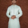 Men wearing aarav pastel green jacquard kurta with mandarin collar for wedding and festive wear
