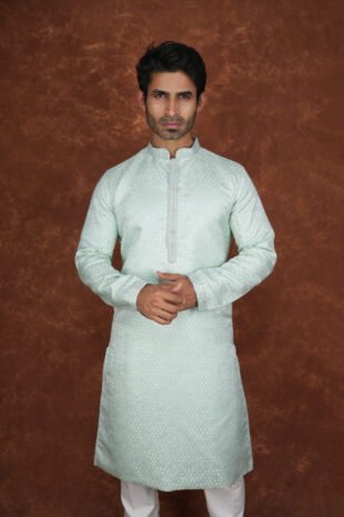 Men wearing aarav pastel green jacquard kurta with mandarin collar for wedding and festive wear