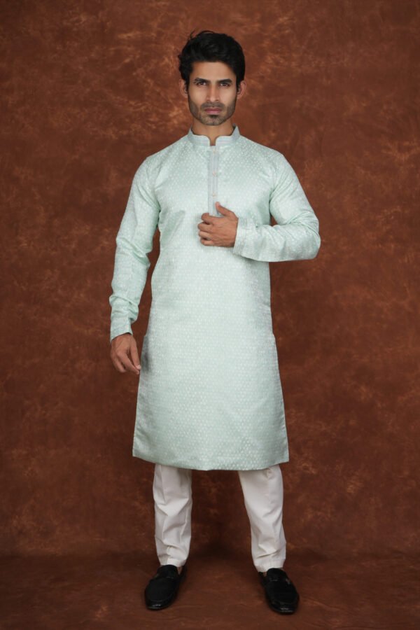 Men wearing aarav pastel green jacquard kurta with mandarin collar for wedding and festive wear