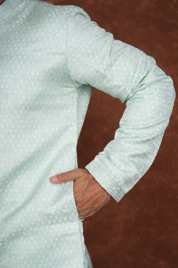 Men wearing aarav pastel green jacquard kurta with mandarin collar for wedding and festive wear