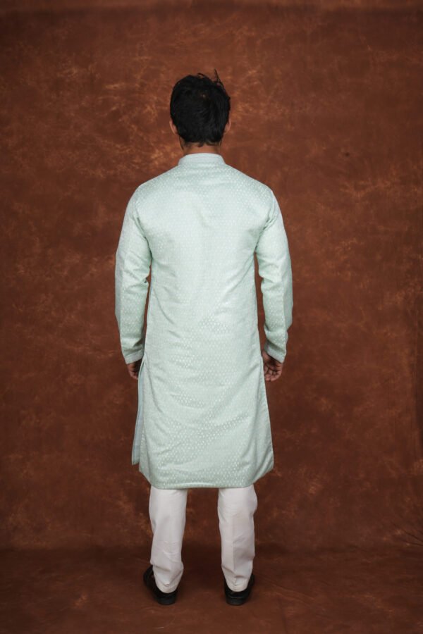 Men wearing aarav pastel green jacquard kurta with mandarin collar for wedding and festive wear