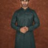 Men wearing royal green textured jacquard kurta with full sleeves and band collar for festive and traditional occasions