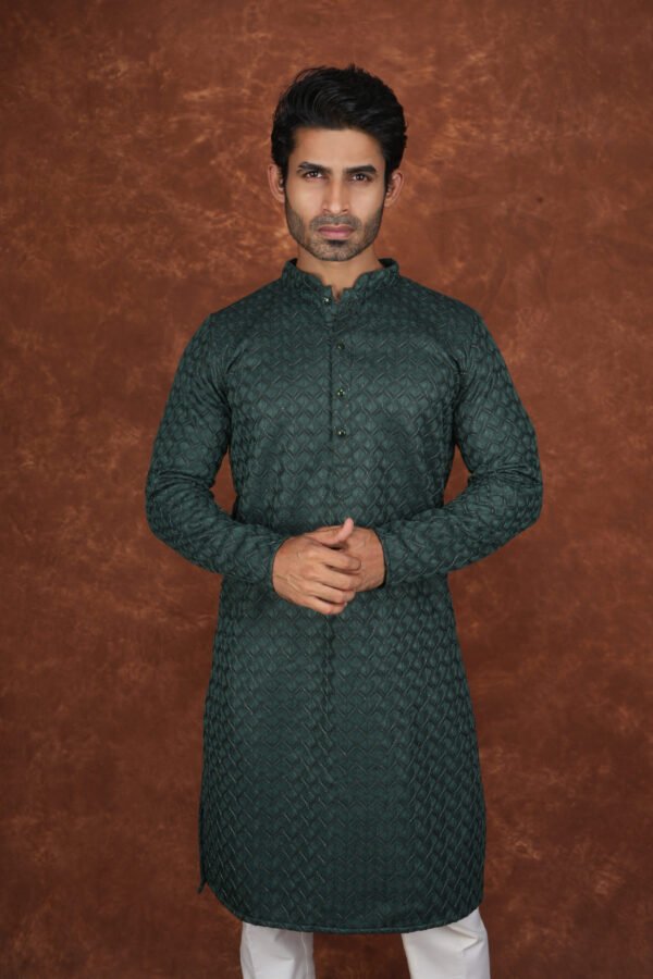 Men wearing royal green textured jacquard kurta with full sleeves and band collar for festive and traditional occasions