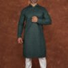 Men wearing royal green textured jacquard kurta with full sleeves and band collar for festive and traditional occasions